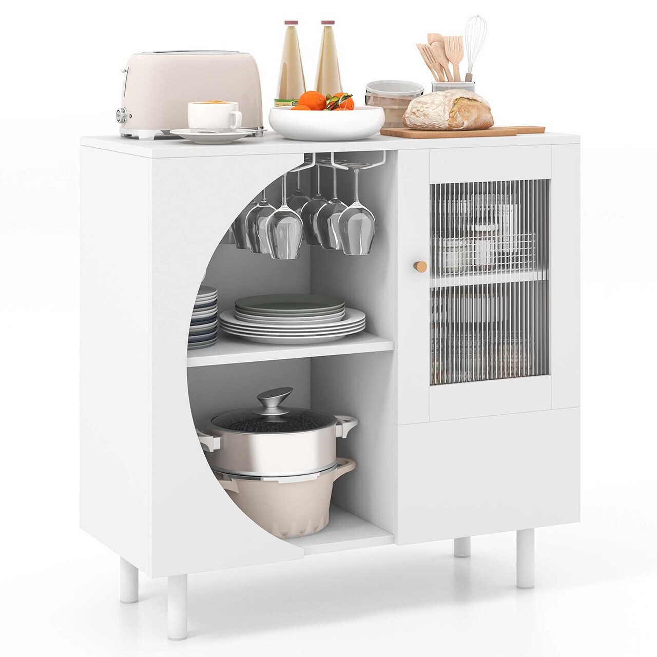 Costway Kitchen Sideboard Wooden Buffet Cabinet with Glass Holder & Tempered Glass Doors